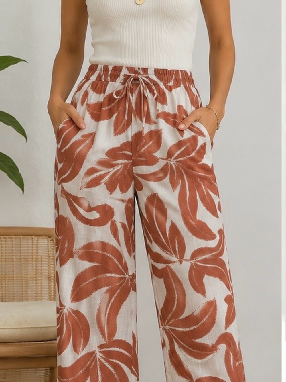 Sienna Sky Cream Wide-Leg Pants with Rust Leaf Print